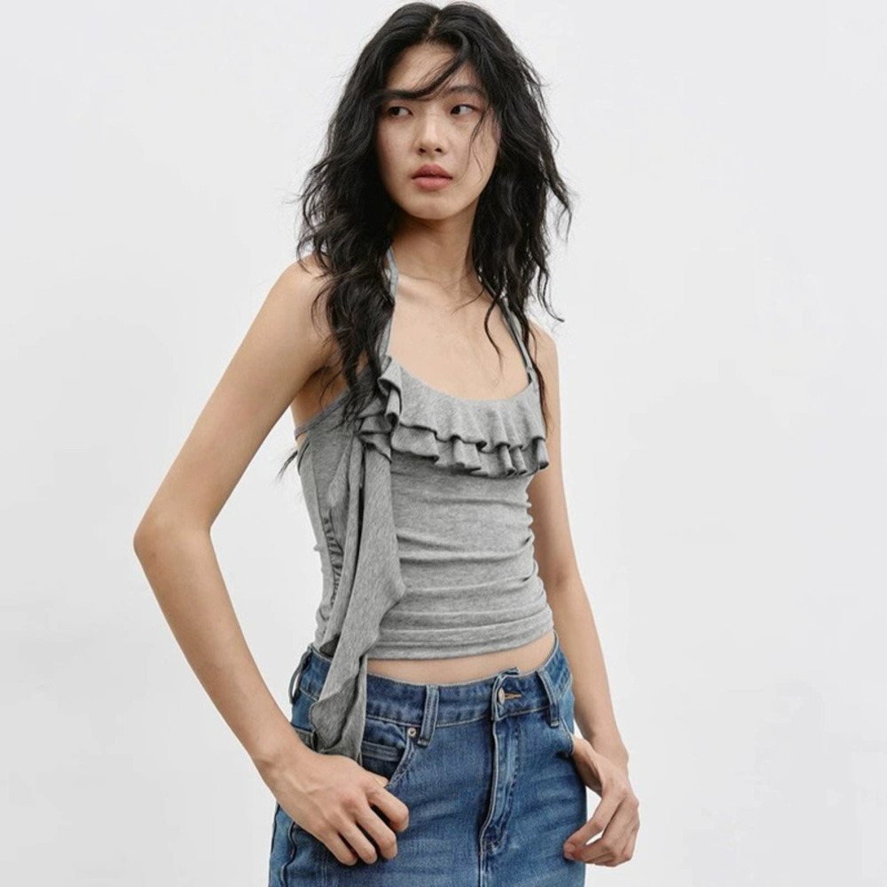 Zara Spring Solid Ruffle Slim Fit Cropped Halter Top - Picture 4 of 6